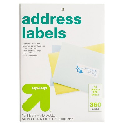 360ct Address Labels 1"x2 5/8" White - up&up™: Label Stock Paper, Mailing Template, Printer Format, 360 Pack