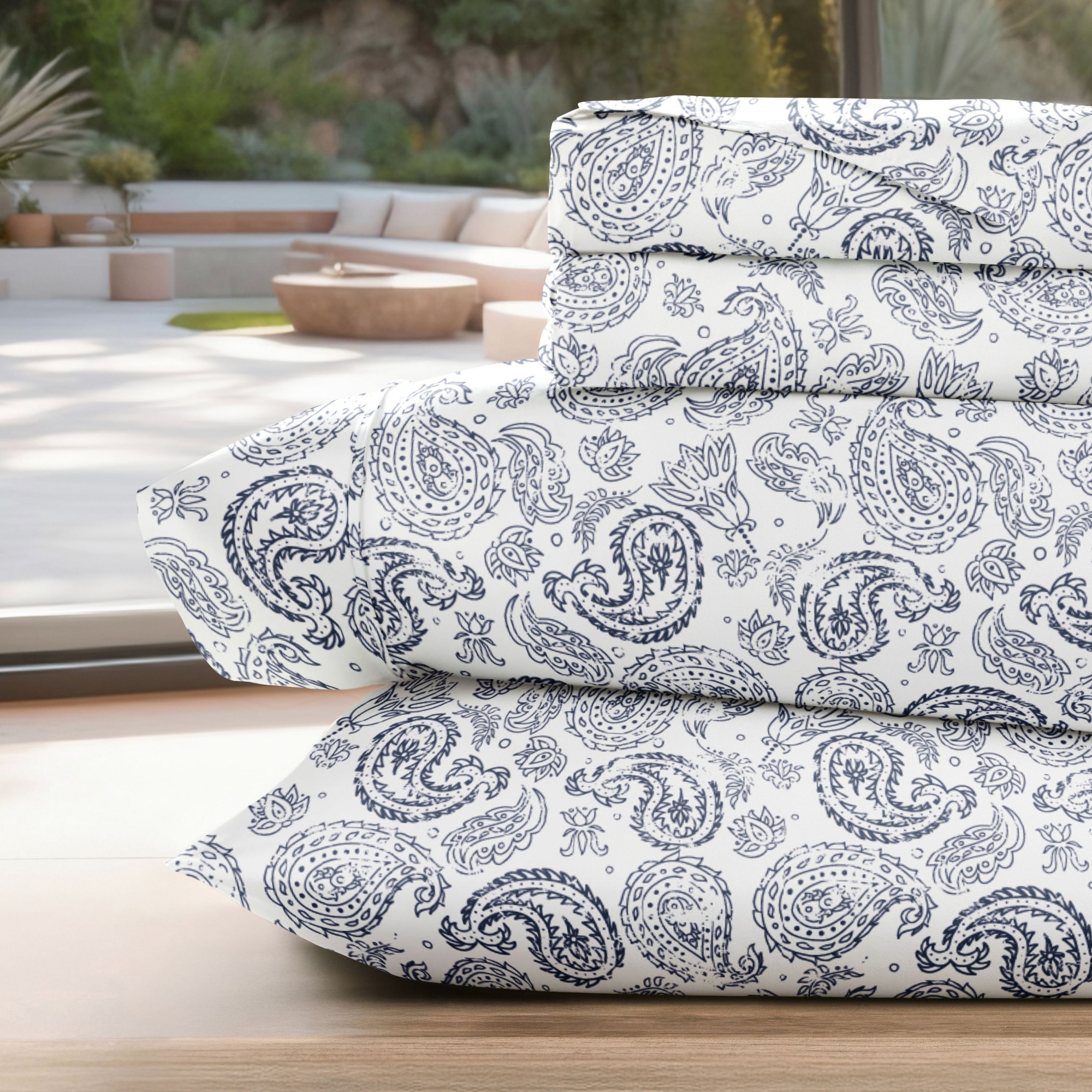 Floral & Paisley Patterns 4PC Sheet Set - Extra Soft - Becky Cameron, Coarse Paisley Navy, King
