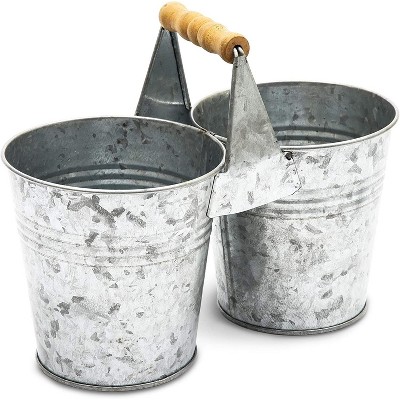 Juvale Antique Decorative Galvanized Metal Double Bucket with Wood Handle for Decoration 10 x 5 x 7.5 in