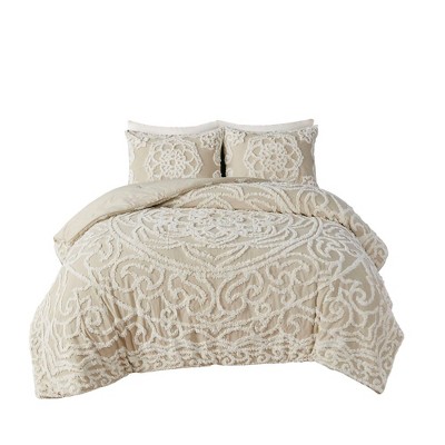 Taupe King Cotton Chenille Medallion Duvet Cover Set