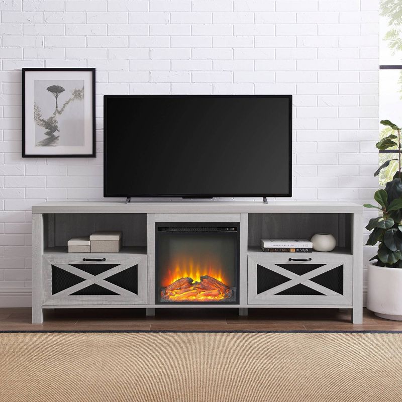 Newark Industrial Farmhouse Drop Down Metal Mesh X Door with Electric Fireplace TV Stand for TVs up to 80" - Saracina Home, 6 of 13