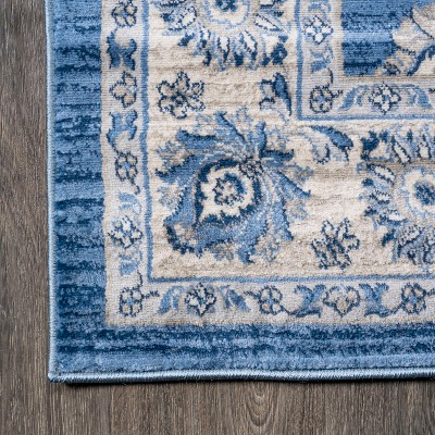 Elegant Vintage Floral 5' Square Blue and Cream Synthetic Area Rug