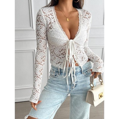 Womens Cardigan V Neck Lace Trim Tie Front Long Sleeve Cardigan
