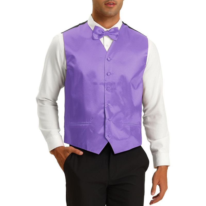 Lars Amadeus Men's V-Neck Business Wedding Satin Suit Vest with Bow Tie Set, 1 of 6
