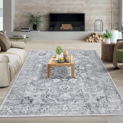 Acekool 5x7 Washable Area Rug - Boho Vintage Distressed Design, Stain Resistant Low Pile Rug for Living Room, Bedroom, Office, Grey