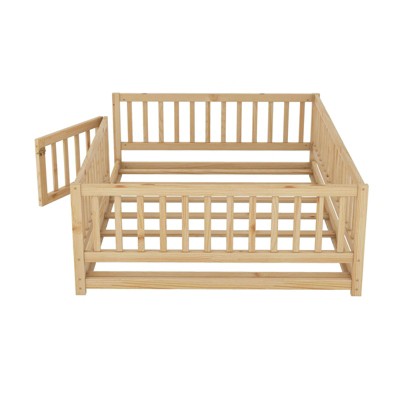 SEVOBAL Kids Furniture Beds Full Size Montessori Floor Bed with Slats Fence and Door Sturdy Wood Easy Assembly for Kids, Brown, 78.74"*16.73"*6.69"