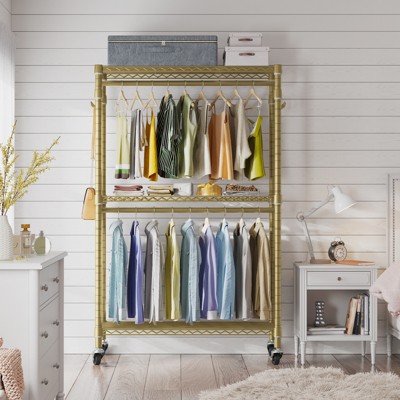 Gold Heavy Duty 3-Tier Rolling Garment Rack with Adjustable Shelves