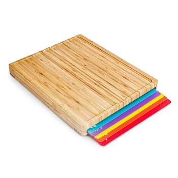 Cheer Collection Bamboo Cutting Board Set with 6 Anti Slip Color-Coded Cutting Mats and Built-in Storage