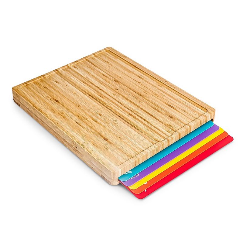Cheer Collection Bamboo Cutting Board Set with 6 Anti Slip Color-Coded Cutting Mats and Built-in Storage, 1 of 9
