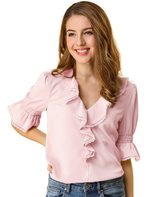 INSPIRE CHIC Women's Ruffle V Neck Puff Sleeve Summer Casual Chiffon Peasant Top