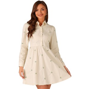 INSPIRE CHIC Women's Casual Long Sleeve Half Placket Embroidered Floral Mini Shirt Dress - 1 of 4
