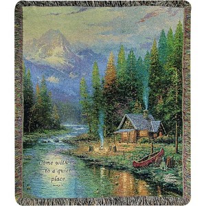 Manual Woodworkers and Weavers Thomas Kinkade "End of a Perfect Day" Tapestry Throw Blanket, 50"x60" Cotton, Scenic Cabin Lake Sunset - 1 of 3