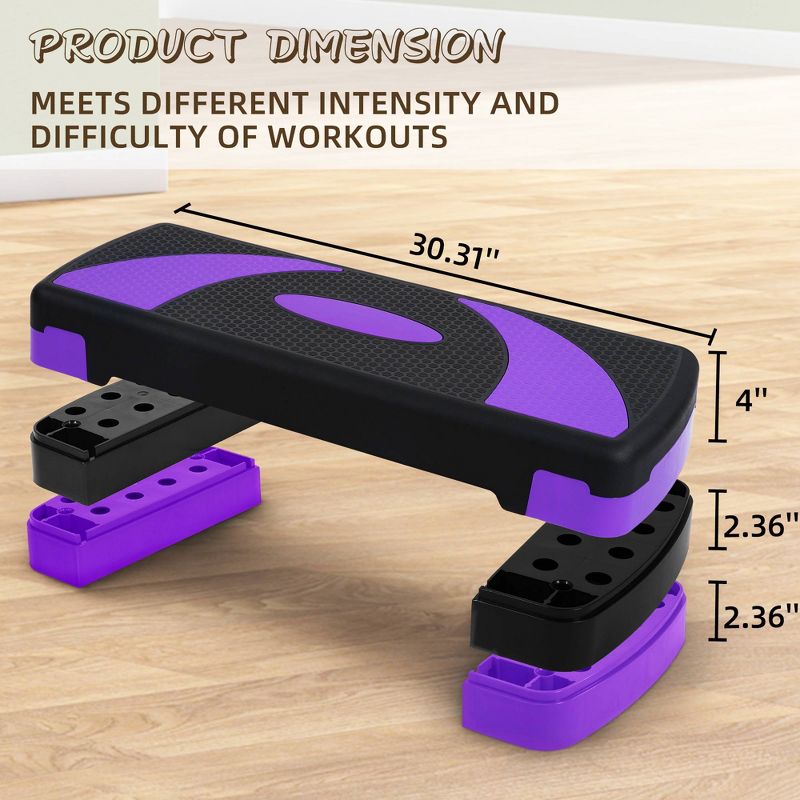 BalanceFrom Fitness Lightweight Portable Adjustable Height Workout Aerobic Stepper Step Platform Trainer with Raisers, Black/Purple, 2 of 7