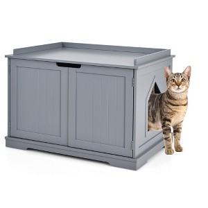 Costway Cat Litter Box  Wooden Enclosure Pet House Washroom Storage Bench Grey - 1 of 4