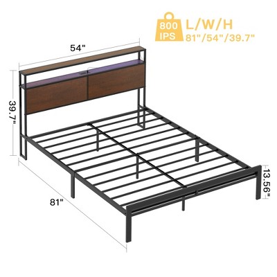 Full Size Rustic Metal Frame Bed with Lighted Headboard and Storage