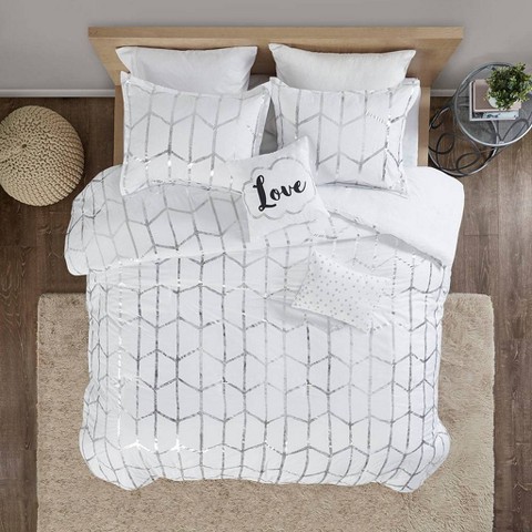 Intelligent Design Twin/Twin XL 4pc Arielle Metallic Printed Comforter Set White/Silver: Hypoallergenic Geometric Bedding, Microfiber, Contemporary