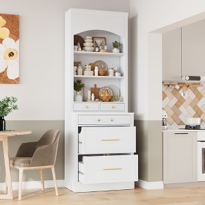 PAGED 83.7inch Dining Room Cabinet, Tall Kitchen Hutch with Faux Marble Top, Cupboard Cabinet with 5 Storage Drawers and Adjustable Shelf - 1 of 4