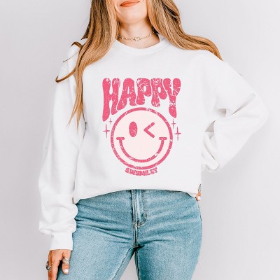 Simply Sage Market S.W.Smiley Pink Smiley Distressed Sweatshirt - XL - White