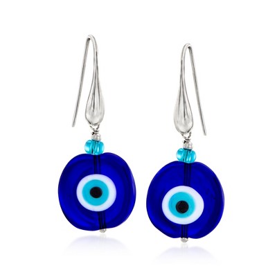 Ross-Simons Italian Tonal Blue Murano Glass Evil Eye Drop Earrings With Sterling Silver