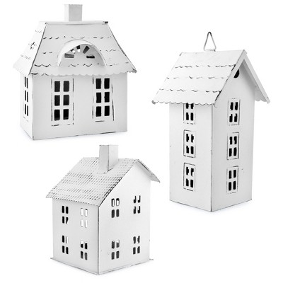AuldHome Design Farmhouse Candle Lantern Christmas Village, 3pc Set, White Rustic Holiday Votive Holders