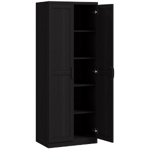 Yukimo 63" Cinnamon Black Wood Grain Kitchen Pantry, Freestanding Cabinet with 2 Adjustable Shelves, Elegant Handles, Anti-Tipping Safety Feature - 1 of 4