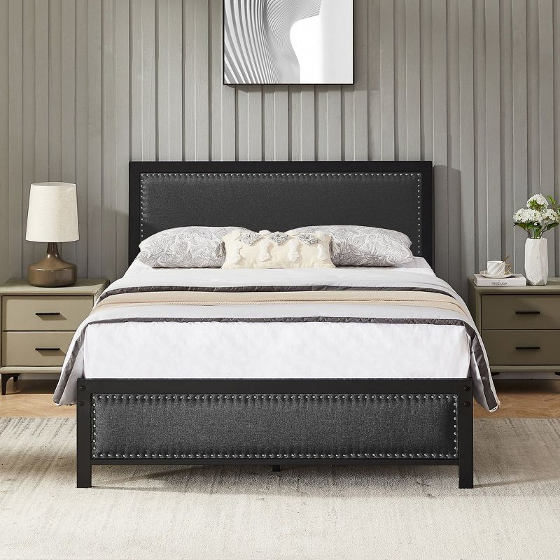 VECELO Metal Bed Frame with Linen Upholstered Headboard, Platform Bed with 12.6 in. Under Bed Storage and Nailhead, 4 of 6