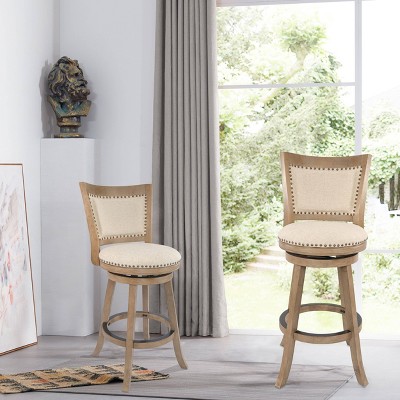 Driftwood Wire-Brush Swivel Barstool with Linen Upholstery and Brass Nailheads