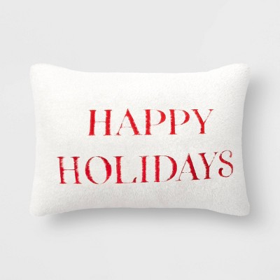 'Happy Holidays' Faux Fur Lumbar Christmas Throw Pillow White - Threshold™