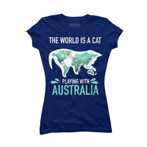Junior's Design By Humans The World Is A Cat Playing With Australia Map By ZeusSE T-Shirt - 1 of 3