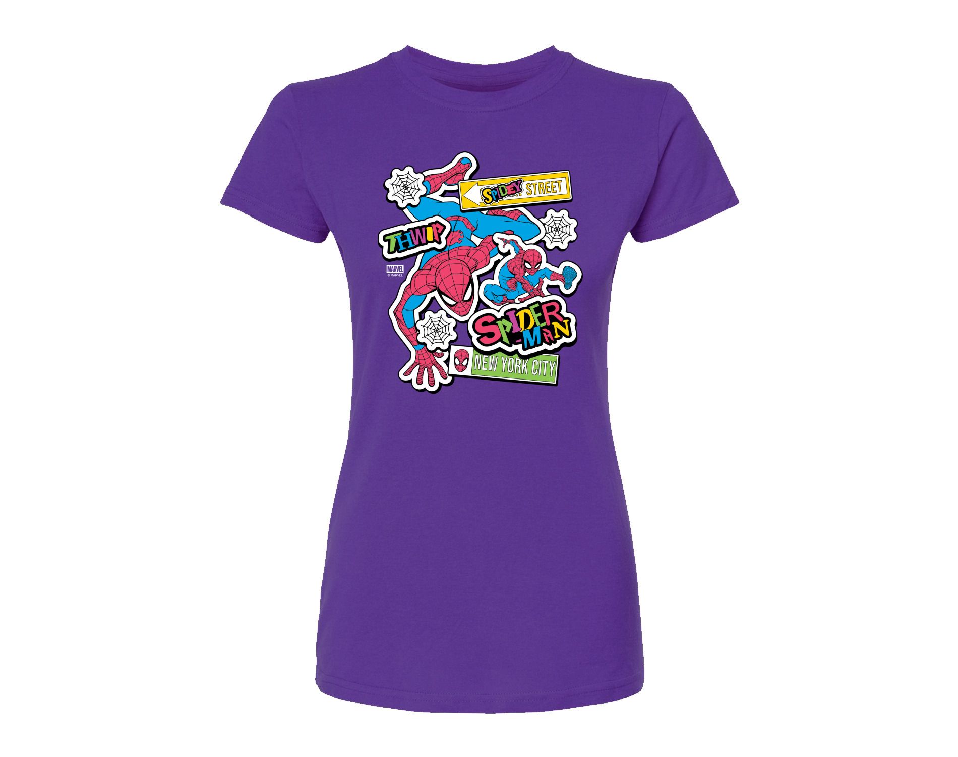 Women's Marvel Spidey Bright Stickers Fitted Graphic T-Shirt - Purple - Large