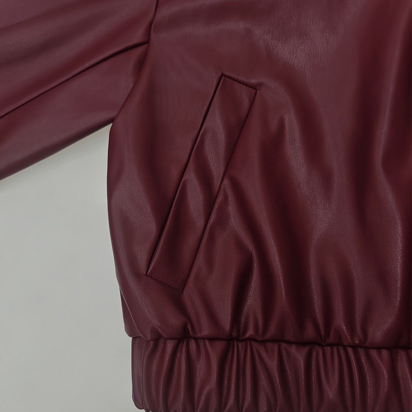 Женская куртка YesFashion Faux Leather Cropped Jacket, Lapel Zip Up Elastic Hem Long Sleeve Bomber Coat, Casual Loose Outerwear Red, цвет: Красный — фото 4