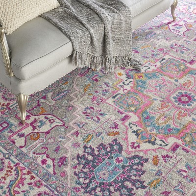 Light Grey and Pink Geometric Synthetic 8' x 10' Area Rug