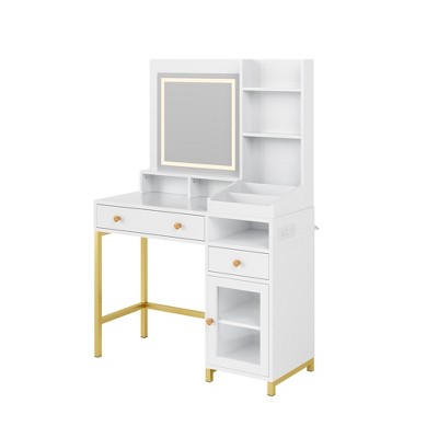 Makeup Vanity with Charging Station & 3-Light Modes - Desk with Mirror, 2 Drawers and Shelves