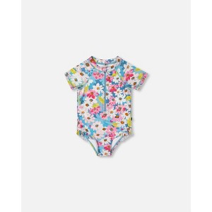Deux par Deux Girl Printed Short Sleeve One-Piece Swimsuit with Frills White, Pink, and Green Flowers - 1 of 4