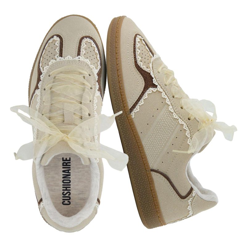 CUSHIONAIRE Belinda Women’s Lace Detail Casual Sneakers – Elegant Ribbon Lace-Up Shoes with Memory Foam Beige 6