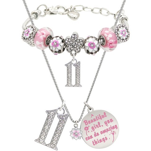 VeryMerryMakering 11th Birthday Gifts for Girls Charm Bracelet and Necklace - Silver