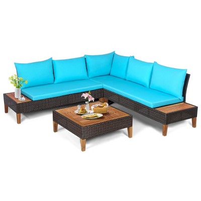 Turquoise Acacia Wood and Rattan 4-Person Patio Conversation Set