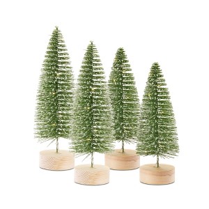 LED Green Bottle Brush Trees with Wood Base 14" Tall – Set of 4 by Melrose - 1 of 3