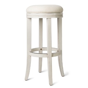 HomeRoots 31" Bone and Antiqued White Fabric and Solid Wood Backless Bar Height Swivel Bar Chair - 1 of 4