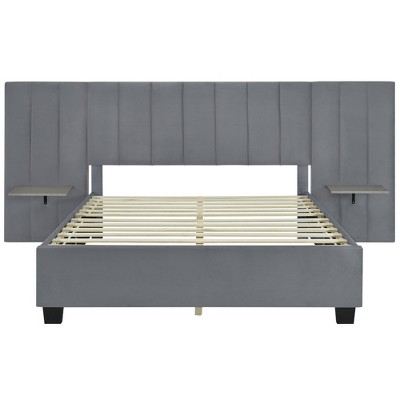 HomeRoots Gray Tufted Velvet Upholstered Queen Bed Frame