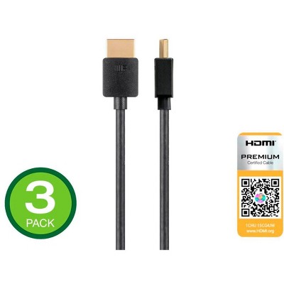 Monoprice Ultra Slim Certified Premium HDMI Cable - Black - 3 Feet (3 Pack) 4K@60Hz HDR 18Gbps 36AWG YUV 4:4:4