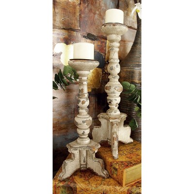 Distressed White and Gray Wooden Pillar Candle Holders Set