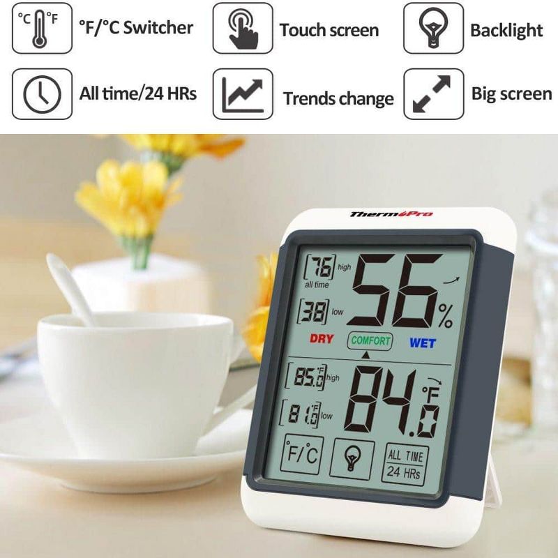 ThermoPro TP55W Digital Hygrometer Indoor Thermometer Humidity Gauge with Jumbo Touchscreen and Backlight Temperature Humidity Monitor, 4 of 9