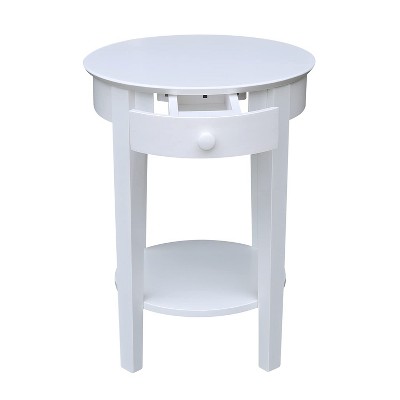 Elegant Round White Parawood Accent Table with Drawer and Shelf