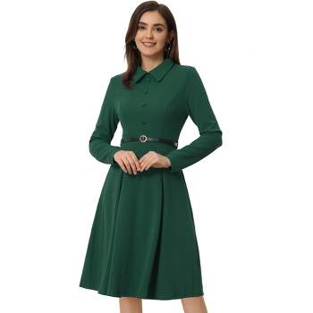 Allegra K Women's Elegant Long Sleeve Button Decor Belted Fit and Flare Dress