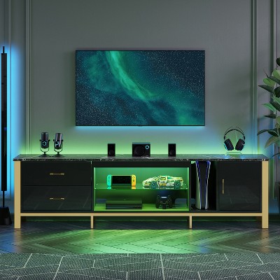 Bestier Modern LED TV Stand for TVs up to 90” with Tempered Glass Shelf, Drawers & Cabinet