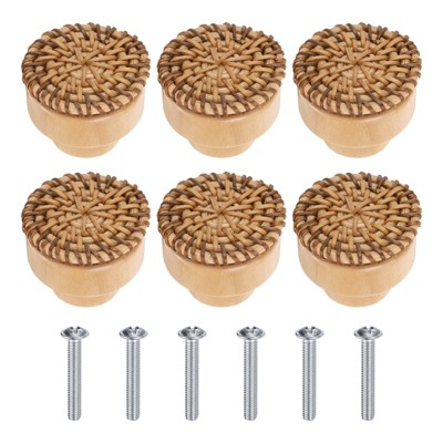 Unique Bargains Rattan Wood Handmade Round Dresser Cabinet Knobs with Screws