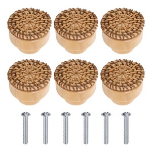 Unique Bargains Rattan Wood Handmade Round Dresser Cabinet Knobs with Screws - 1 of 4