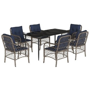 vidaXL 7-Piece Outdoor Patio Dining Set - Gray PE Rattan with Navy Blue Cushions, Tempered Glass Tabletop, Comfortable Seating, Easy-to-Maintain - 1 of 4