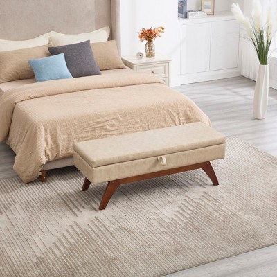 Zeus & Ruta Teddy Wool Fabric Bed End Stool with Solid Wood Feet and Storage Function